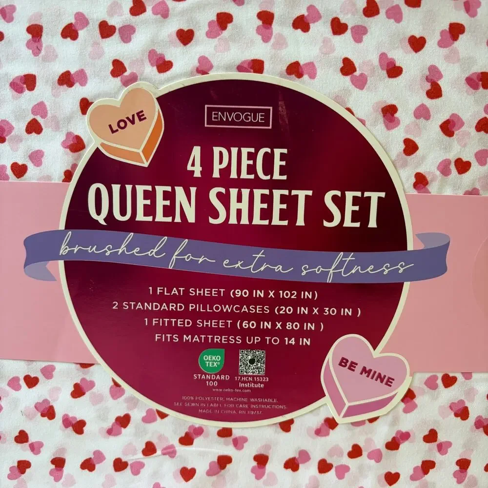 ENVOGUE Overlapping Hearts QUEEN Sheet Set 4pc Pink Red Valentines Day NEW